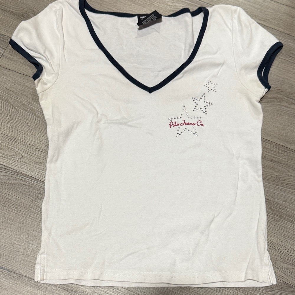Yk2 Polo Jeans Co. White V-Neck Tee with Black Trim